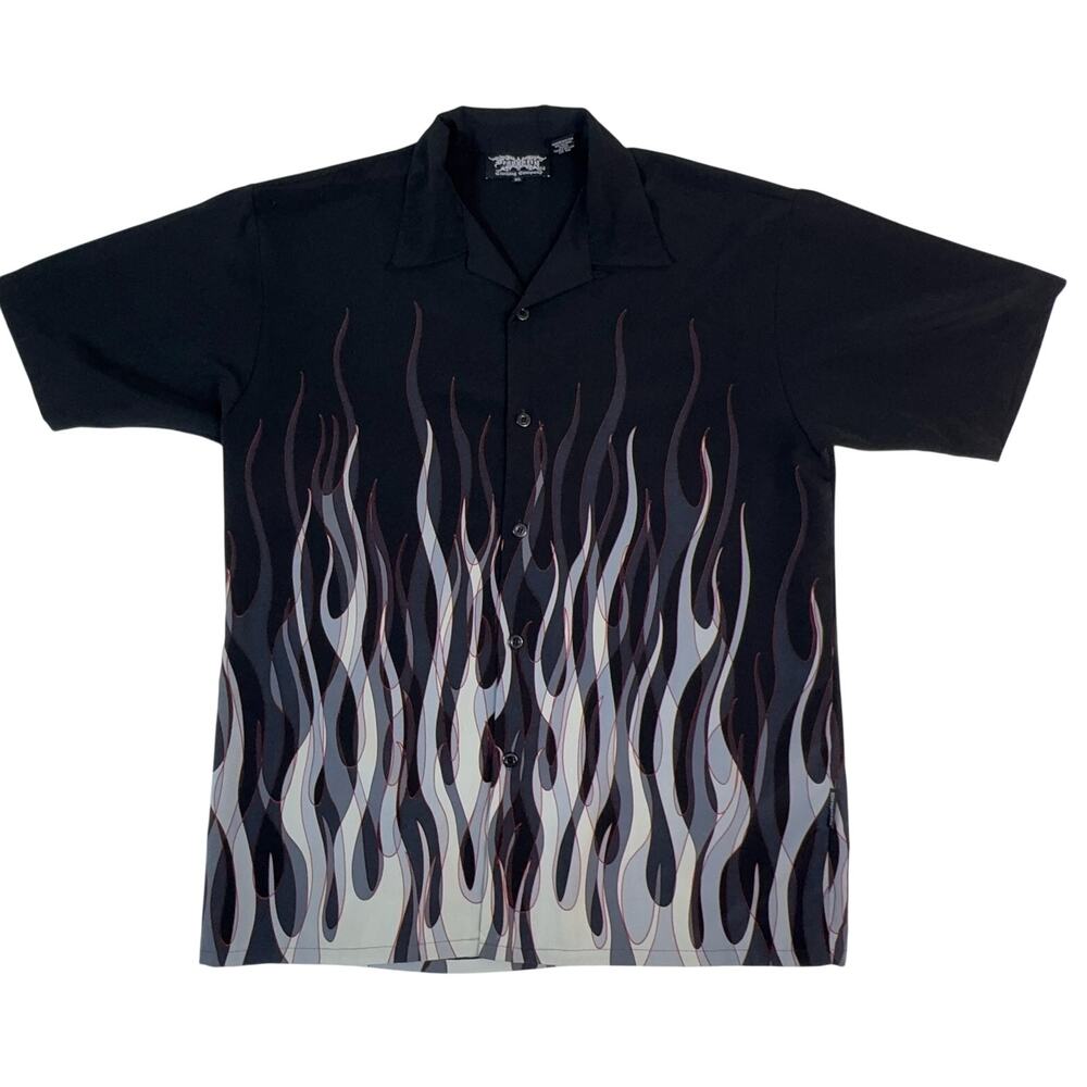 Dragonfly Clothing Company XL Flame Shirt Y2K Black Gray Button Up Biker